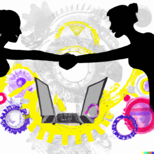 AI-Generated image of two people shaking hands over Computers to simulate a Smart Contract in action