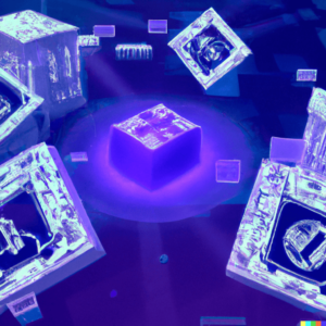 AI-Generated image of blocks floating against a purple-blue background to illustrate that smart contracts have many unexplored use cases