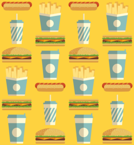 Graphic of fast food meals: burgers, fries, and soft drinks. How the Foods Vertical Can Benefit from Digital Collectibles.