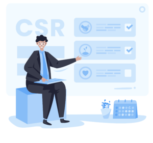 Graphic of a person sitting and pointing at a presentation about CSR. How the Financial Sector can benefit from Digital Collectibles.