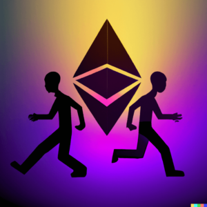 DALL·E AI-Generated Image showing ethereum currency between silhouetted figures running in different directions to suggest why web 3.0 is better than web 2.0 for marketing